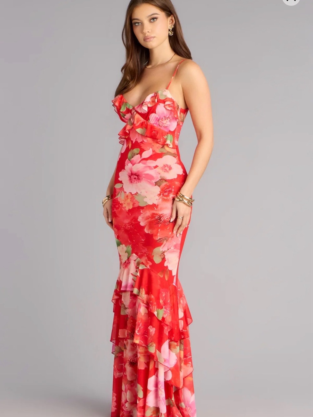 Red Floral Ruffle Mermaid Maxi Dress with Spaghetti Straps